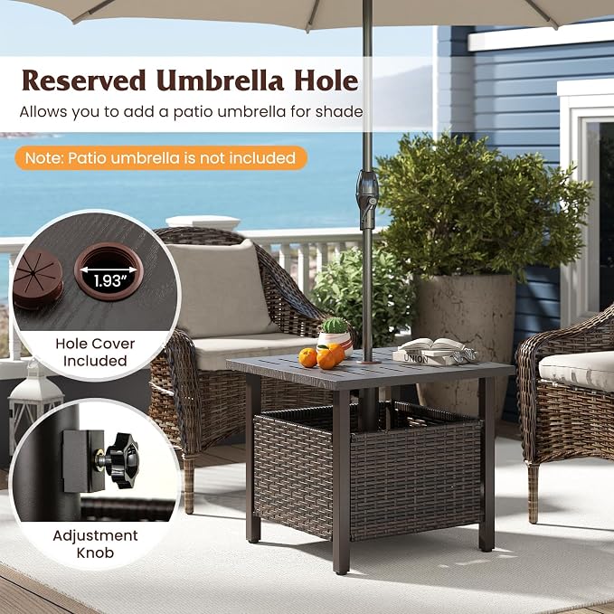 HAPPYGRILL Outdoor Side Table with 1.93" Umbrella Hole, Patio Umbrella Stand with Zinc-Iron Alloy Tabletop, Rustproof Metal Frame, PE Rattan End Table for Deck Garden Yard Poolside (No Sand Bag)