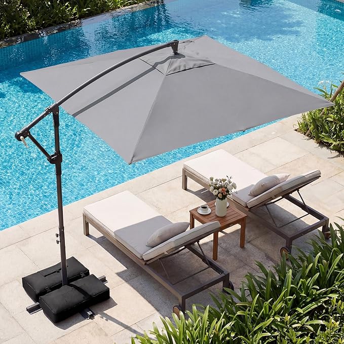 Tangkula 8x8 FT Patio Umbrella with Base Included, Square Offset Cantilever Outdoor Umbrella with 360 Degree Rotation, Crank Handle, Sandbags, 8 Ribs for Pool Deck Garden Backyard