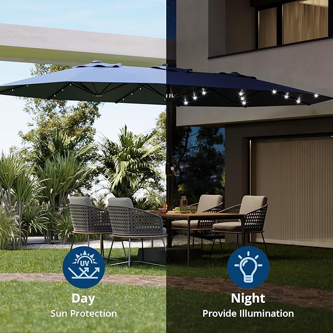 15FT Rectangular Patio Umbrella With Solar Lights & Base Included - Large Patio Umbrella With Crank Handle, UV Protection for Outdoor Market, Lawn, Backyard, Pool