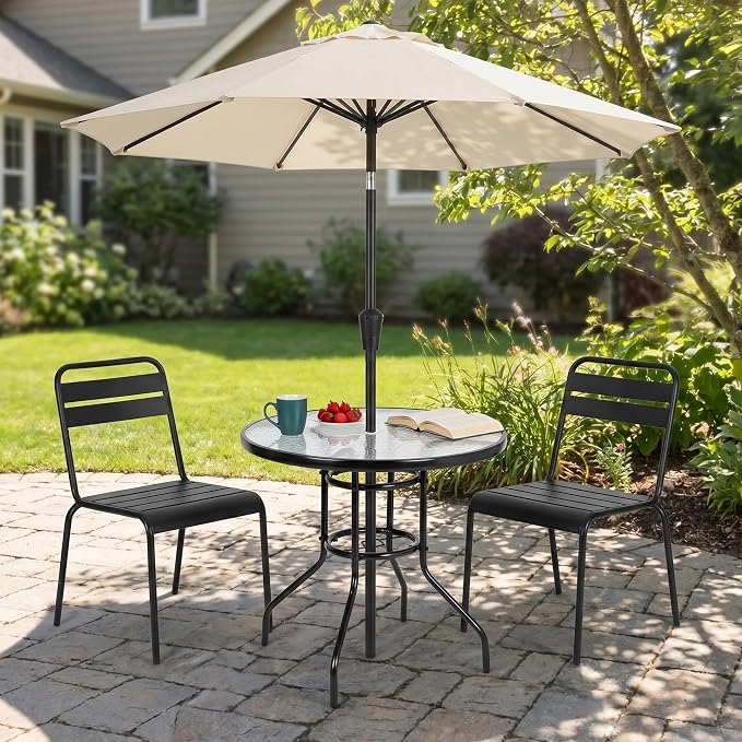 31.5" Round Outdoor Dining Table, Toughened Glass Patio Table with Umbrella Hole for Yard and Garden
