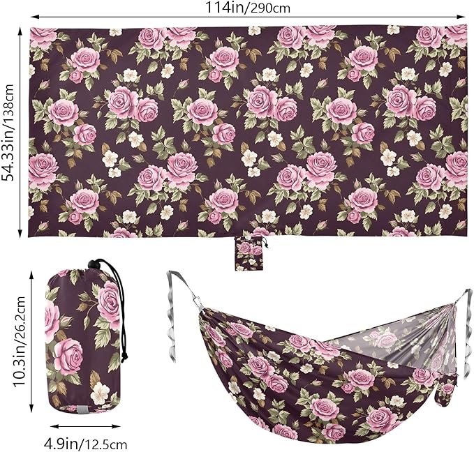 Camping Hammock Outdoor Hammocks for Outside Floral Rose Peony Beach Trees Portable Lightweight with Pockets Tree Straps Indoor