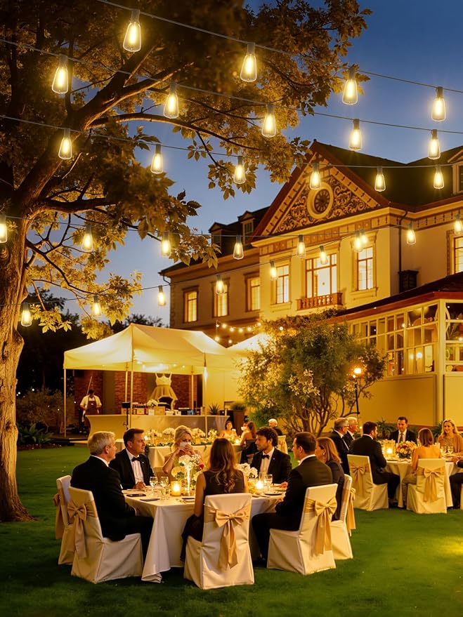 Svater 50FT Solar String Lights Outdoor with Remote, ST38 Patio Light with 19 LED Dimmable Shatterproof Bulbs, Solar Powered String Lights Waterproof for Cafes, Gardens, Bistro Warm White