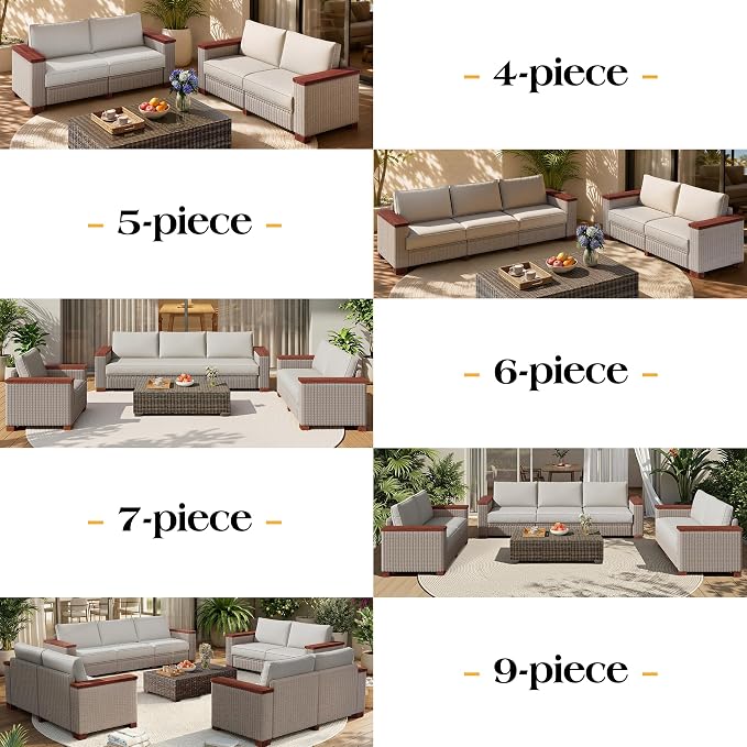 PaPaJet 4-Piece Wicker Patio Furniture Set with Solid Wood Armrest, Outdoor Patio Set with Thick Legs, UV-Resistant Modular Outdoor Sectional Sofa for Backyard, Porch, Garden