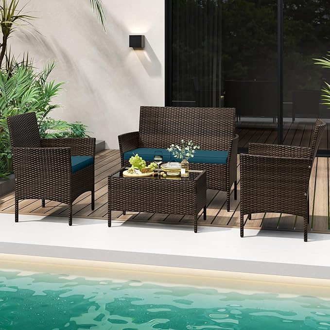 Tangkula 4 Piece Patio Rattan Conversation Set, Outdoor Wicker Furniture Set with Chair, Loveseat & Tempered Glass Table, Cozy Seat Cushions, Outside Sectional Sofa Set for Backyard (1, Peacock Blue)
