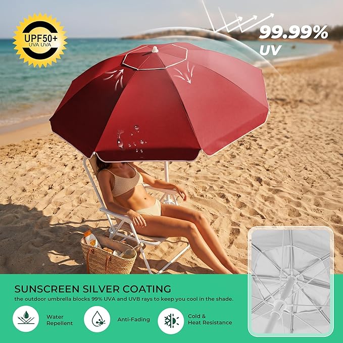 JEAREY 6.5ft Sun Shade Umbrellas, Portable Umbrella with Stand, Lightweight Sun Protection Free Standing Sport Umbrella for Outdoor Sports, Camping, Fishing, Patio, Beach, Red