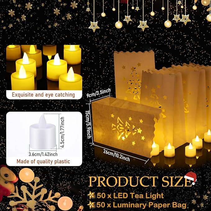 Sabary 50 Sets Luminary Bags with Flameless Tea Lights Outdoor Luminaries LED Lantern Candle Bags for Wedding Birthday Ramadan Christmas Party Decorations Romantic Decor(Xmas Tree)