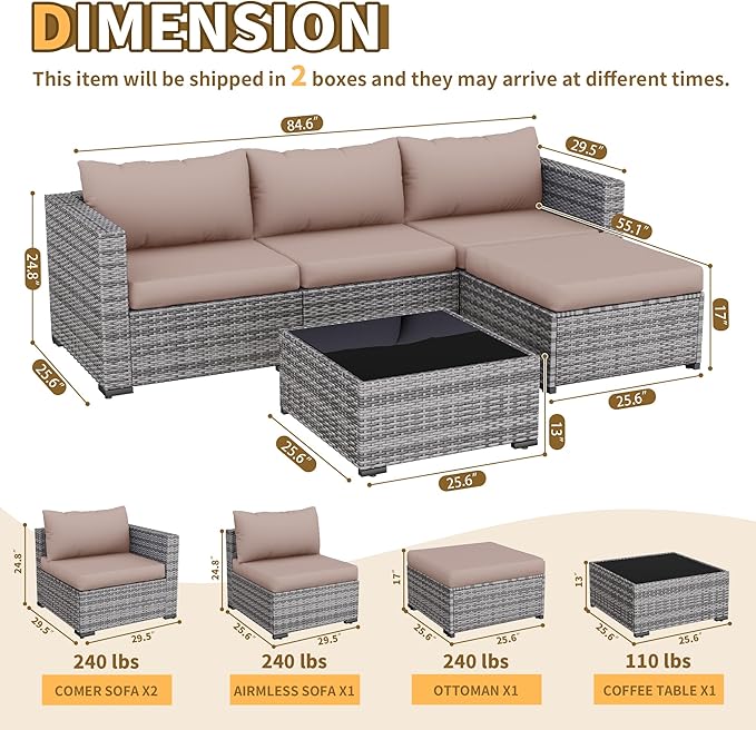 UDPATIO 5 Piece Patio Furniture Set, All-Weather Wicker Outdoor Sectional Sofa, L Shaped Outdoor Conversation Couch with Ottoman, Glass Table for Balcony Porch Backyard, Khaki