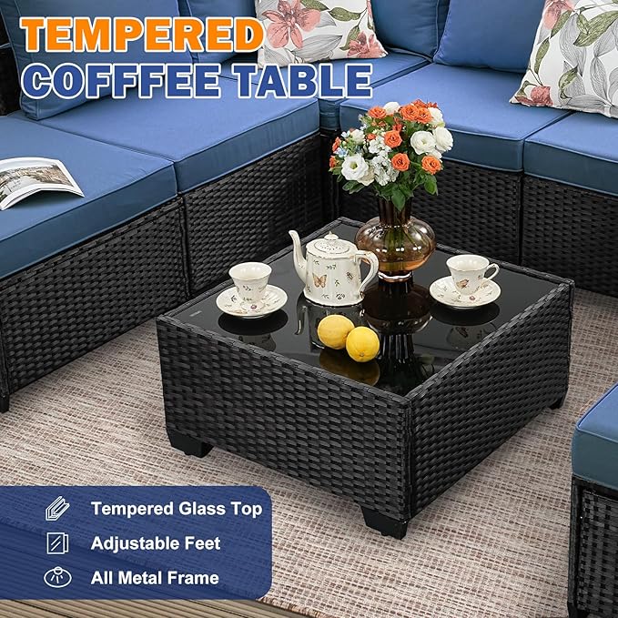 7 Pieces Patio Furniture Set,Wicker PE Rattan Outdoor Sectional with Cushion & Coffee Table, Patio Conversation Sofa for Garden, Backyard, Poolside,Navy