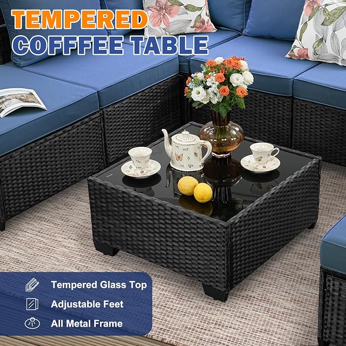 7-Piece Outdoor Patio Furniture Set, Modular Wicker Sectional Sofa with Thick Cushions & Coffee Table, All-Weather Rattan Conversation Set for Backyard, Porch, Poolside, Navy