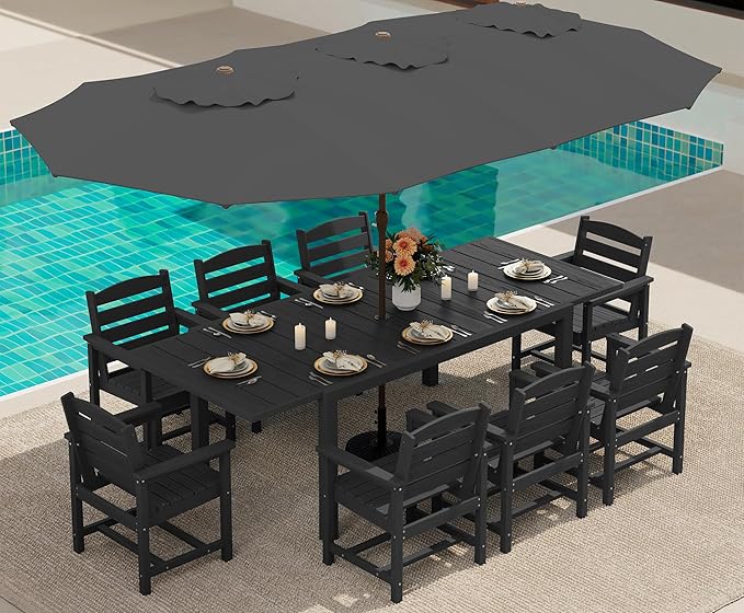 SERWALL 10-Piece Patio Dining Sets with 15FT Patio Umbrella, 60" - 83" Expandable Outdoor Dining Table and 8 HDPE Chairs, All Weather HDPE Outdoor Furniture Set (Umbreall Base not Included)