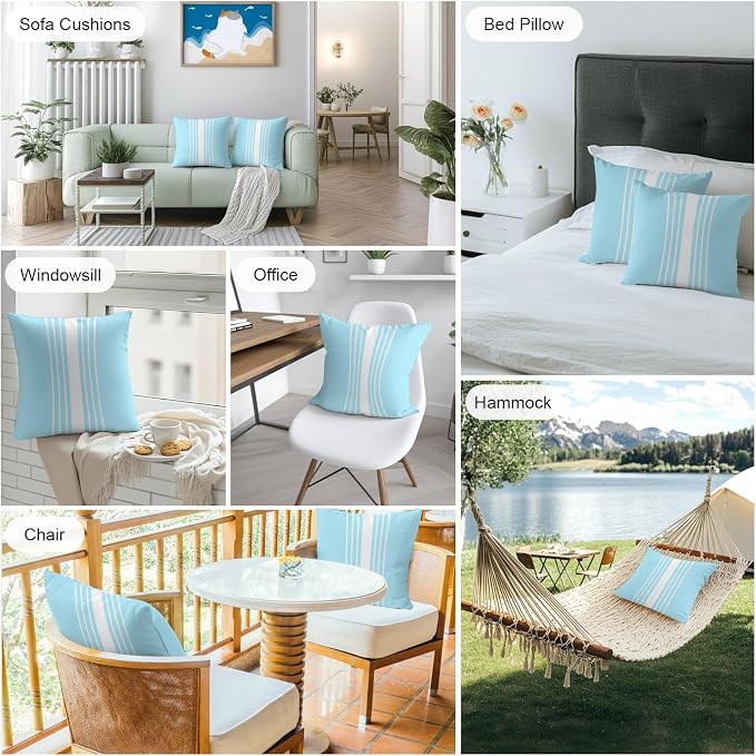 Aqua White Stripe Outdoor Pillow Covers 20x20 Inch Throw Pillow Covers Set of 2 Waterproof Decorative Pillow Cases Modern Rustic Vertical Striped Cushion Covers for Patio Furniture Garden Couch Sofa