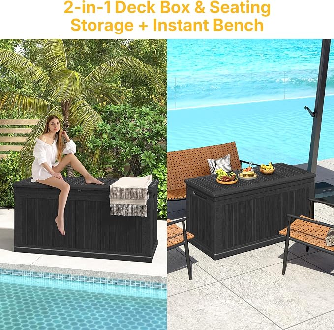 Skepphlay 260 Gallon Deck Box Extra Large, Outdoor Storage Box Lockable, Patio Storage Box Waterproof and UV Resistant, 440lbs Load Capacity for Garden, Patio, Pool (Black)