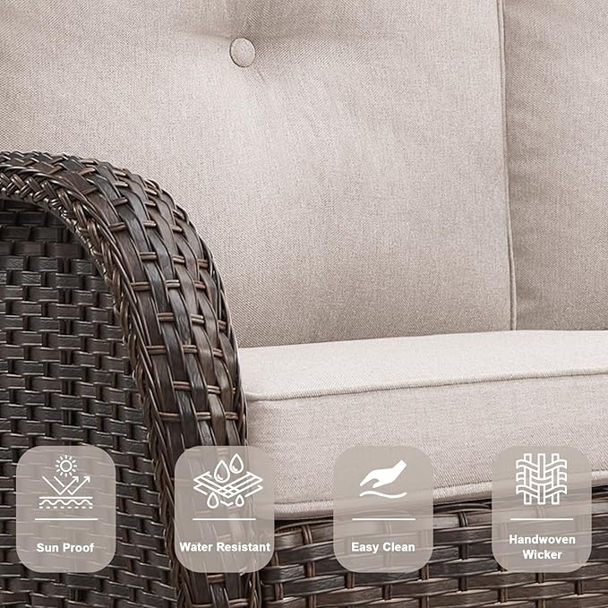 Belord Outdoor Patio Furniture - Wicker Sofa with Removable Cushion, 3 Seater Rattan Couch with Deep Seat, High Backrest, All-Weather for Balcony, Deck, Backyard, Brown/Beige