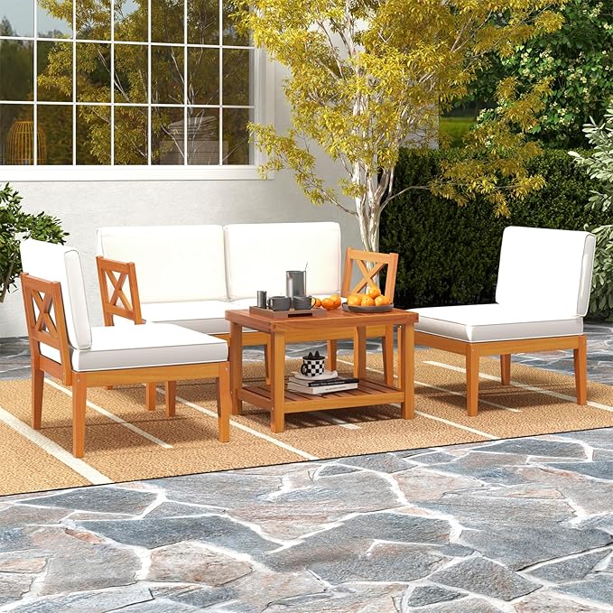 Tangkula 5 Pieces Acacia Wood Patio Furniture Set, Outdoor Sectional Conversation Set with Cushions and 2-Tier Coffee Table, Outdoor Bistro Furniture Set for Garden, Backyard and Poolside