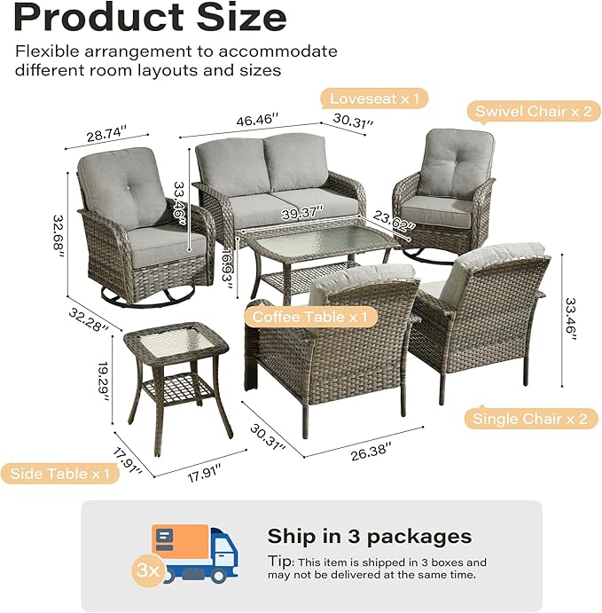 7 Pieces Patio Conversation Sets,Patio Furniture Set with Swivel Rocking Chairs,Coffee Table, Side Table, All Weather Rattan Wicker Outdoor Sectional Furniture Set for Porch Balcony Backyard Dark Gray