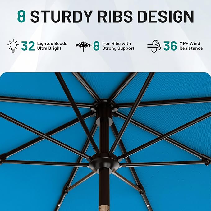 AreShark 9FT Patio Umbrella with Solar Lights, 32 Lighted Pool Umbrella w/Tilt and Crank, Outdoor Market Solar Umbrellas for Garden, Deck, Backyard, Pool and Beach, Royal Blue