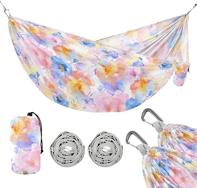 Camping Hammock Outdoor Hammocks for Outside Flowers Soft Pastel Beach Trees Portable Lightweight with Pockets Tree Straps Indoor Small