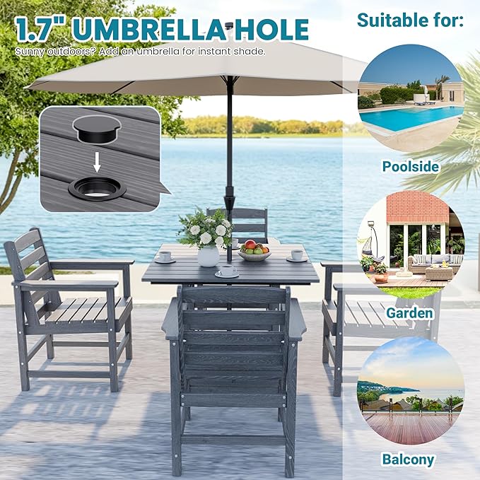 Outdoor HDPE Dining Table Set, 5-Piece All-Weather HDPE Outdoor Table and Chairs with Elegant Armrest, Wood Grain Patio Furniture Sets with Umbrella Hole for Porch, Backyard, Gray