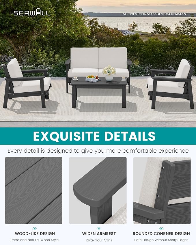 SERWALL HDPE Patio Furniture Set with 15FT Double Side Patio Umbrella, All Weather Wood-Like Outdoor Sofa Sectional Couch, Grey Patio Furniture with Khaki Cushions