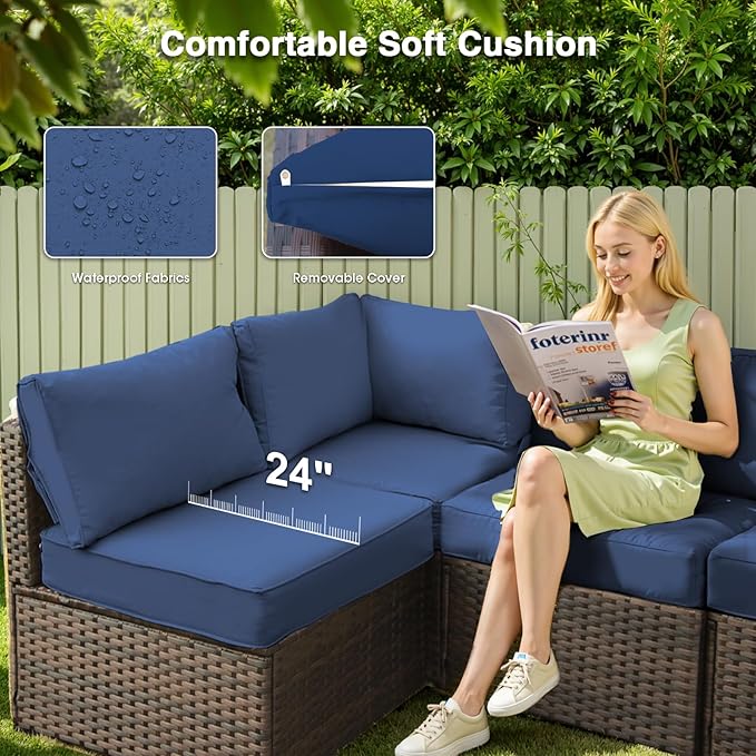 8 Piece Patio Furniture Set with Fire Pit Table All Weather PE Rattan Outdoor Sectional Sofa Couch with No-Slip Cushions and Glass Top Table for Garden, Poolside, Backyard (Blue)