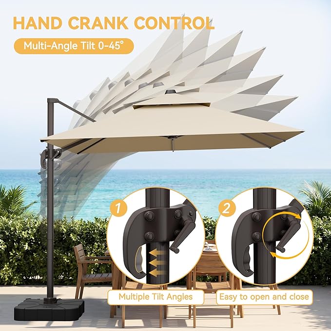 VEGOND 10x13 FT Patio Cantilever Umbrella with Base, Rectangular Heavy Duty Offset Umbrella for 8-10 People, 360°Rotation & Mult Tilt, Double Top Design, for Pool Garden Deck (Beige)