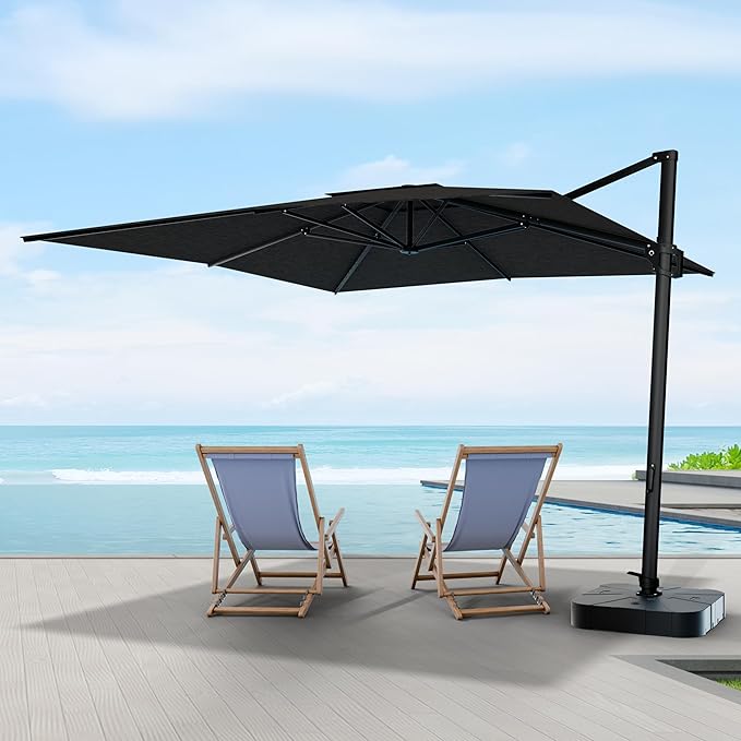 Midtown Umbrellas 9 x 9 Ft Outdoor Cantilever Patio Umbrella w/Sunbrella Spectrum Carbon Fabric - 360° Offset Patio Umbrella, Deck Patio Umbrella, Backyard Umbrella & Garden Umbrella - Black Frame