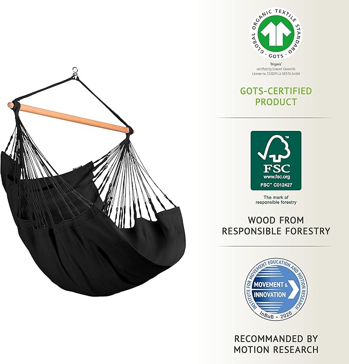 La Siesta® Large Comfort Habana Cotton Hanging Hammock Chair, Indoor Outdoor Hammock Swing Chair, Boho Hanging Chair Bedroom Patio, Max 285 Lbs, Onyx