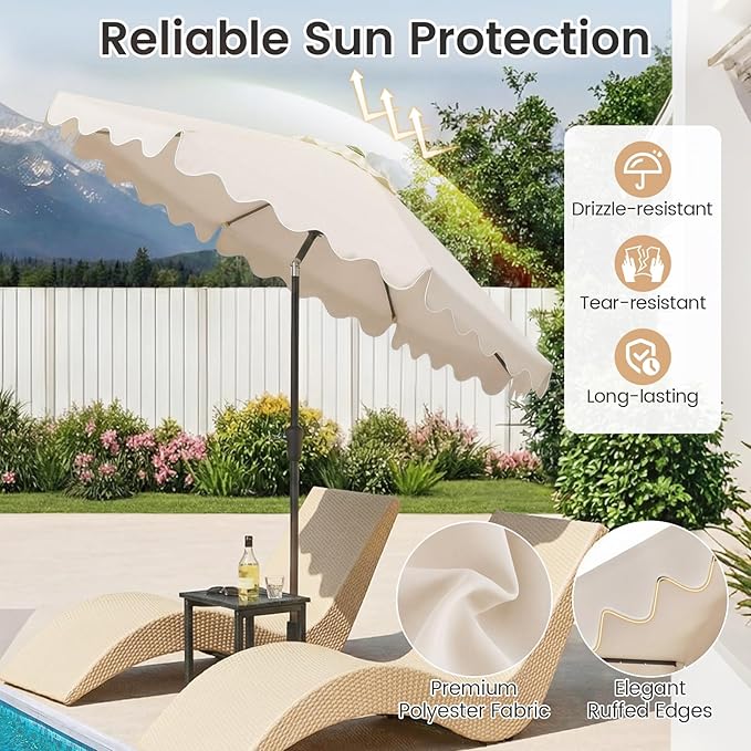Tangkula 9 FT Solar Patio Umbrella with Base Included, 2-Tiers Outdoor Scalloped Table Umbrella with 32 LED Lights, 2 Sandbags, Tilt Adjustment, Crank, 8 Ribs for Market Backyard Pool Deck Beach Lawn