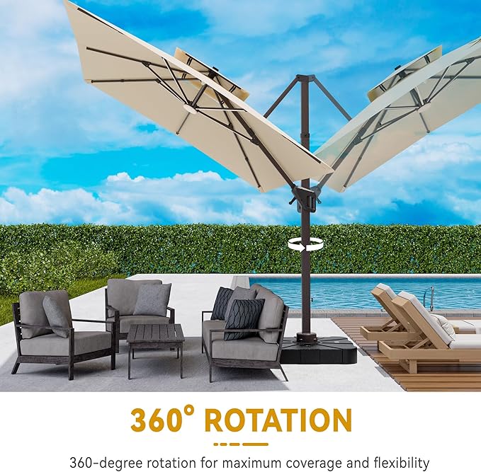 10x13 FT Cantilever Patio Umbrella with Base and Led Lights Double Top Outdoor Rectangular Large Heavy Duty Aluminum Offset Umbrellas with 7 Level Tilt 360-degree Rotation for Pool Garden Deck, Beige