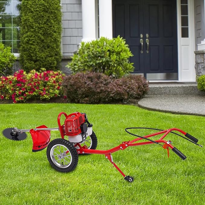 49CC 2-Stroke Gas Lawn Mower, 1.8KW Push Weed Eater & Lawn Trimmer, 2 in 1 Walk Behind Brush Cutter for Efficient Weed Removal Grass Cutting & Soil Loosening