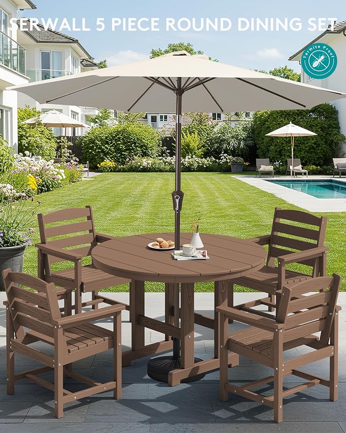 SERWALL 6-Piece Patio Dining Sets, HDPE Outdoor Table and Chairs Furniture Set with Umbrella, 45" Round Dining Table & 4 Dining Chairs & 1 9FT Umbrella, Brown(Not Include Umbrella Base)