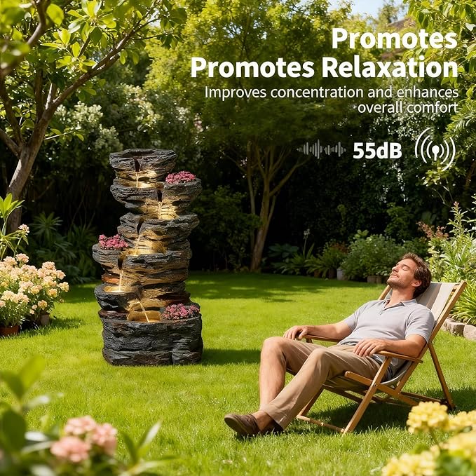 32.7" Outdoor Fountain with 3 Planter Slots, 6-Tier Modern Cascading Rock Waterfall Fountain with 3000K Warm LED Lights & Pebbles for Garden, Patio, Backyard, Deck and Home Decor