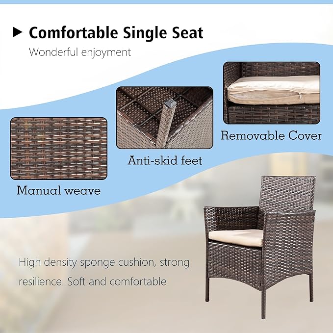 JAMFLY 4 Piece Outdoor Patio Furniture Set, PE Wicker Conversation Kit with Tempered Glass Table, All-Weather Seating for Small Porch, Balcony & Poolside, Washable Cushions, Brown