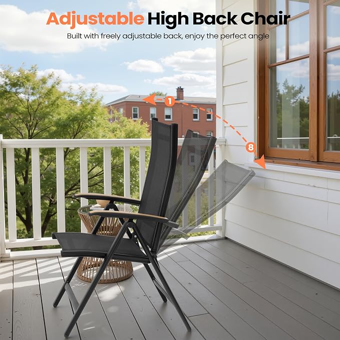 Pellebant 2 Pieces Aluminum Outdoor Dining Chair, Patio Foldable Adjustable Backrest Armchairs, Weather Resistant Outdoor Furniture Set for Deck, Porch & Backyard