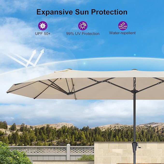 PURPLE LEAF 13ft Double-Sided Patio Umbrella with Base Included Market Rectangle Umbrella Outdoor Table Umbrella with Crank for Pool Garden Deck, Khaki