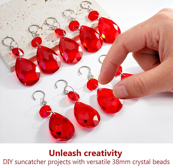 10 Pcs Red Crystal Bauhinia Suncatcher Prisms Chandelier Window Decor | Red Crystal Bauhinia Prisms Suncatcher Pendants 38mm Chandelier Beads Replacement for Window Wedding Party Decor