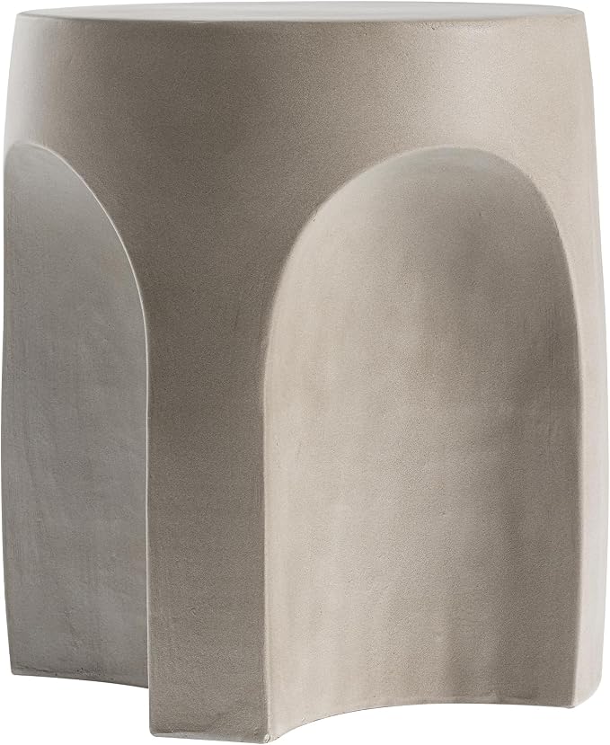 HOMPUS Outdoor Side Table w Arch Shape, Unique Concrete End Table, Round Patio Accent Table MgO Lightweight, Modern Vintage Garden Plant Stand for Indoor Use, Grey