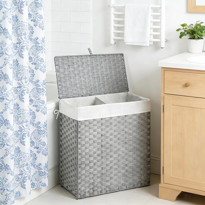 Outdoor Wicker Laundry Hamper with Lid,130L Foldable Laundry Basket with Removable,Machine Washable 2-Section Liner and Handles,Handwoven Gray Rattan Hamper for Organization and Storage