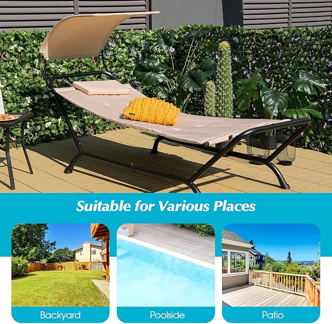 Giantex Hanging Hammock with Stand, Patio Hanging Chaise Lounge Chair w/Canopy, Cushion, Pillow & Storage Bag, Heavy Duty Swing Hammock Bed for Garden Lawn Backyard Patio Poolside Porch (Beige)