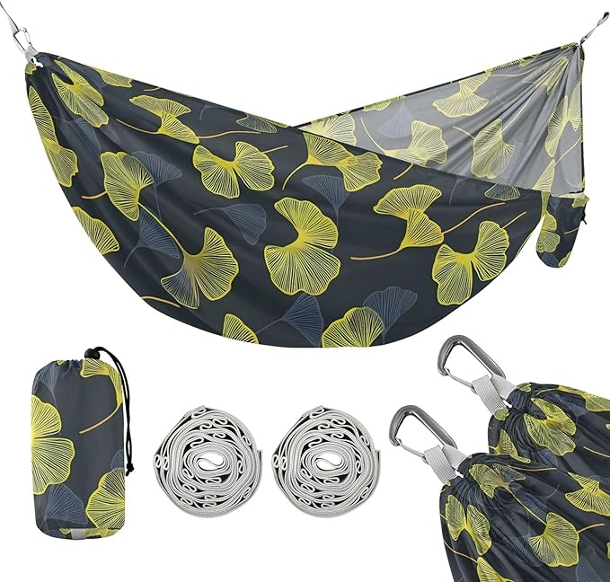 Camping Hammock Outdoor Hammocks for Outside Ginkgo Leaves Beach Trees Portable Lightweight with Pockets Tree Straps Indoor Small