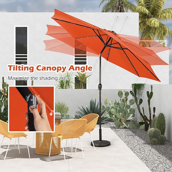 Giantex 9ft/10ft Outdoor Patio umbrella with Solar Lights, Table Market Umbrella with Crank and Push-button Tilt System, Solar LED Lighted Patio Umbrella for Backyard Deck Pool Beach