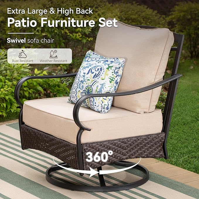 GREEN PARTY Extra Large Outdoor Patio Furniture Set with 56" Fire Pit Table 6 Pieces for 7, Modern Metal Patio Conversation Sets with High Back 3-Seat Sofa, 2 Swivel Chairs, 2 Ottoman