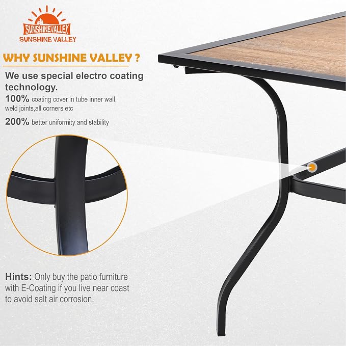 SUNSHINE VALLEY 7 Pcs Patio Dining Set for 6, Rectangular Metal Dining Table (PVC Table Top) with Umbrella Hole and 6 Chairs, Outdoor Dining Set for Lawn Garden Deck, Blue
