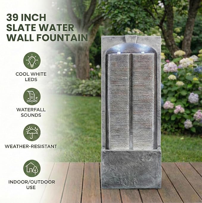 39" Outdoor Water Fountain with Quiet Pump, Outdoor Fountain with LED Lights, Weather-Resistant Outdoor Cascading Freestanding Fountain, Garden Water Feature, Slate-Style Wall, Grey