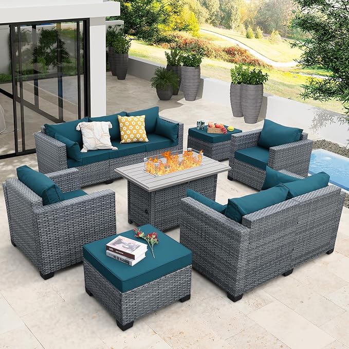 7 Piece Wicker Patio Furniture Sets Outdoor Conversation Set, PE Rattan Sectional Sofa Couch with Fire Pit Table and Non-Slip Peacock Blue Cushions, Furniture Covers Included