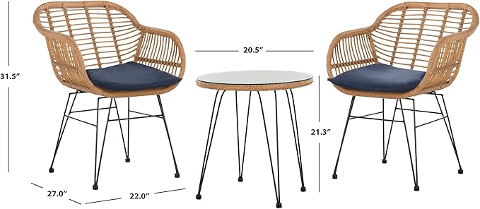 SAFAVIEH Outdoor Collection Alton Light Brown Rattan/Navy Seat Cushion 3-Piece Patio Lounge Bistro Set with Table (PAT9004B)