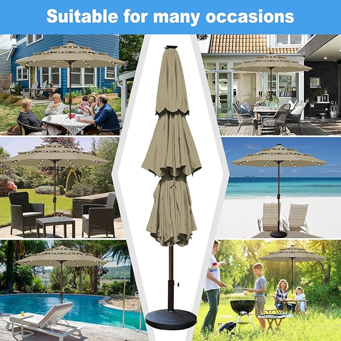 Eurmax USA 10-Year-Non-Fading 10FT 3-Tier Outdoor Patio Market Umbrella with LED Lights,UPF50+ UV Resistant,Commercial Grade,Crank Lift Design,Windproof Vented Top for Garden,Pool,Deck,Mushroom