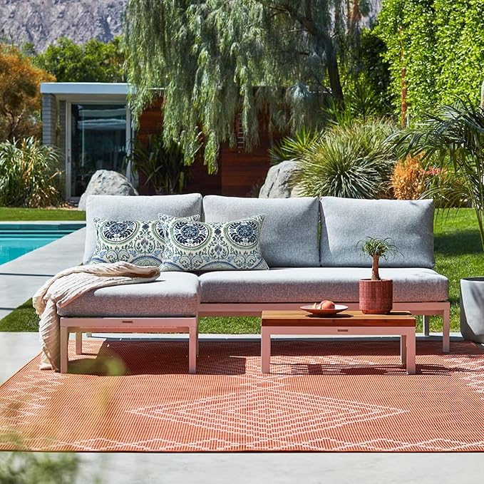 LVTXIII 2 Pack Outdoor Lumbar Pillows 12x20 Inch with White Piping, Fade Resistant Support Throw Pillows with Inserts for Patio Furniture, Sofa, Chair, Coastal Medallion