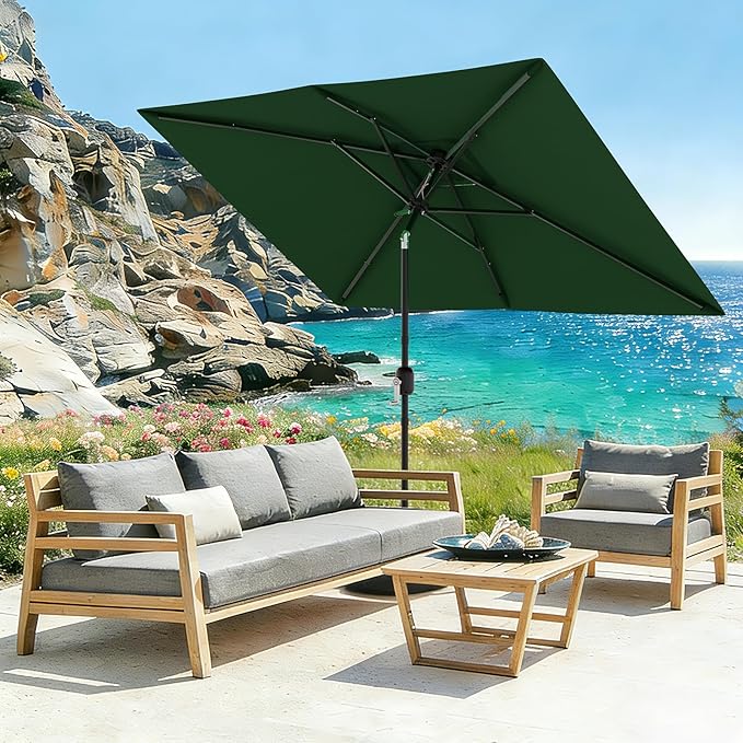 Garvee 10' x 6.5' Rectangular Patio Umbrella, Outdoor Table Umbrella with Crank and Push Button Tilt, Market Umbrella Sun Umbrella with 6 Sturdy Ribs Tilt for Garden, Deck, Lawn, Pool -Dark Green