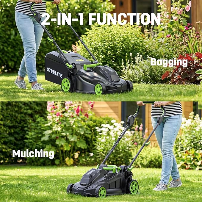 STEELITE 40V(2x20V) 17" Electric Lawn Mower, 6-Height Adjustment, 2-in-1 Bagging & Mulching, Lawn Mower for Small & Medium Yards, Includes 2X 4.0Ah Batteries & Charger,Green